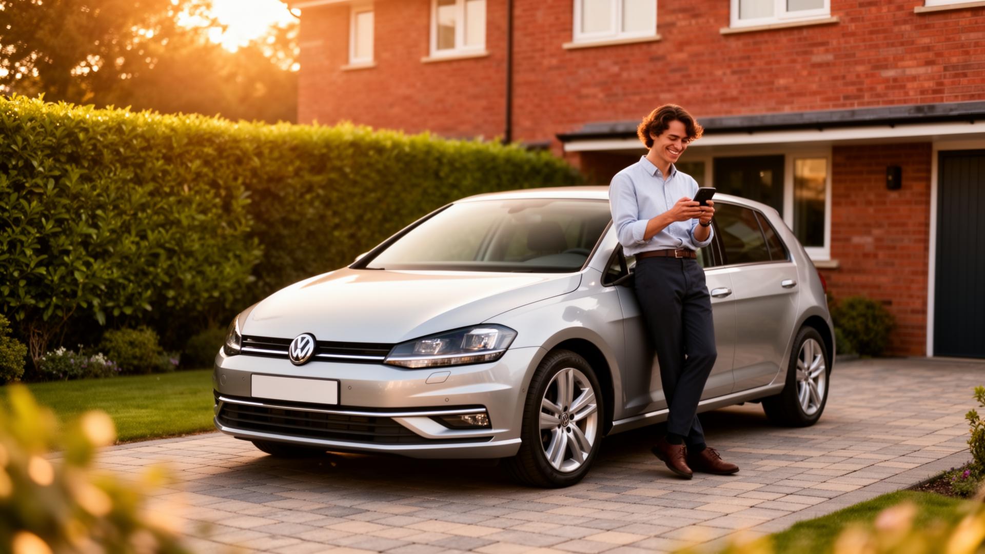 Seller checking dealer offers on their phone beside their car